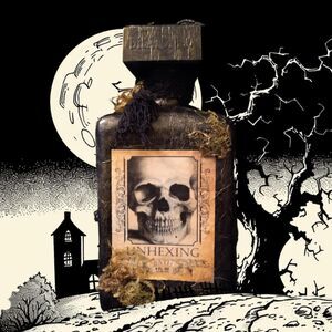 BAT WINGS/UNHEXING Halloween Potion Bottle 4 Sided Bottle 3D Bat and Skeleton
